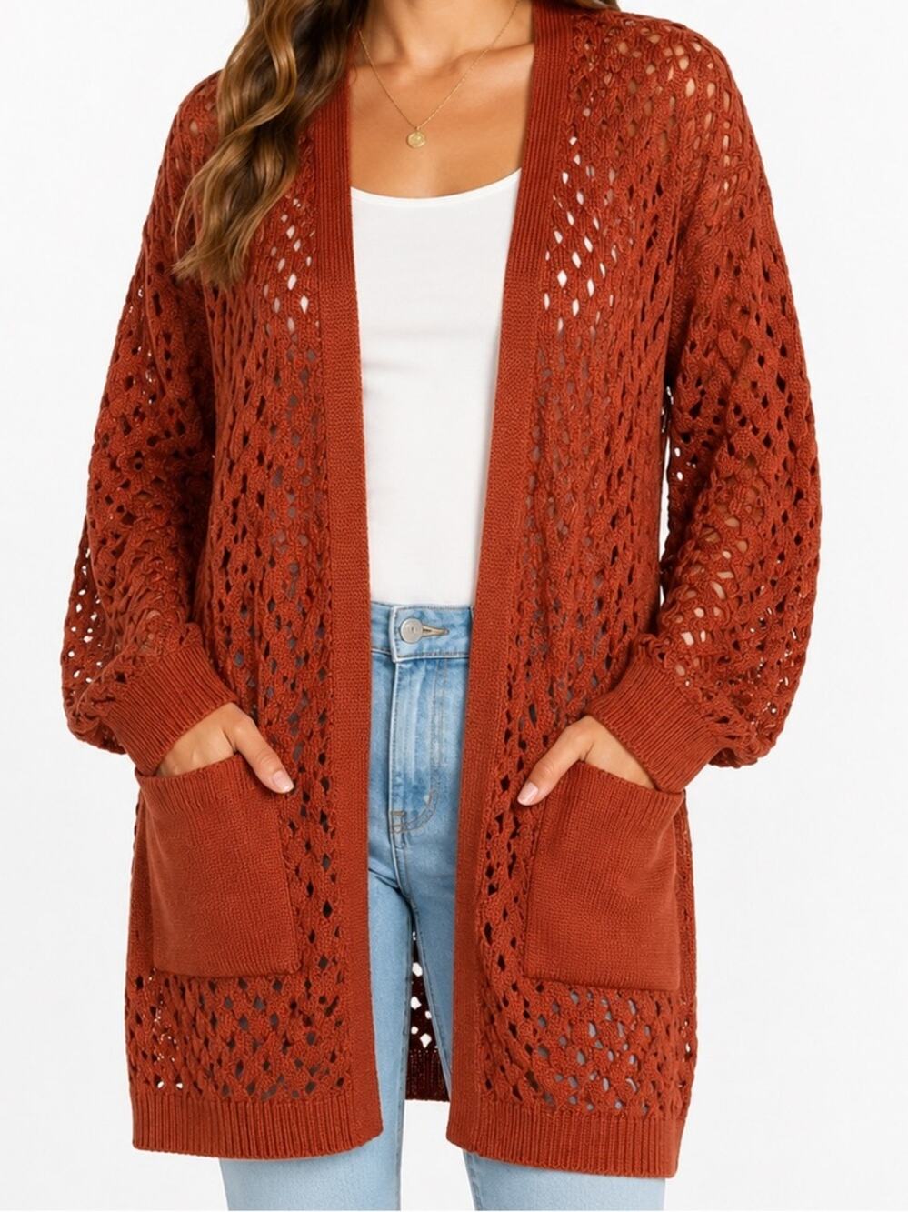 Dokotoo Rust Chunky Knit Open Front Cardigan Sweater Pockets XL NWT